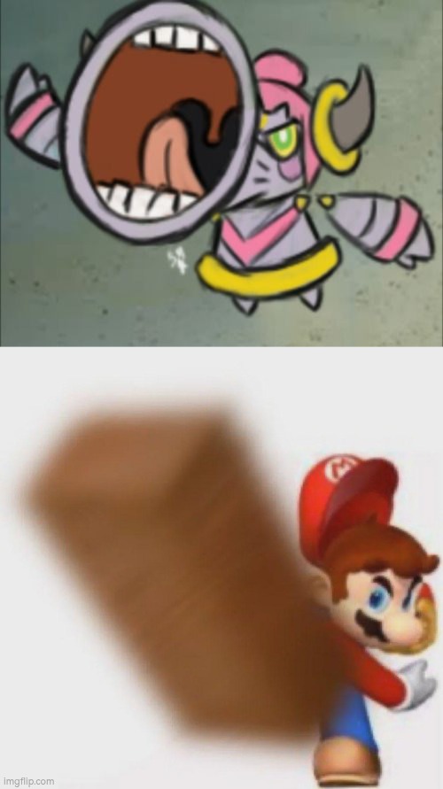 Shut your HOOPA up! | image tagged in mario throws a brick at you,spongebob,hoopa | made w/ Imgflip meme maker