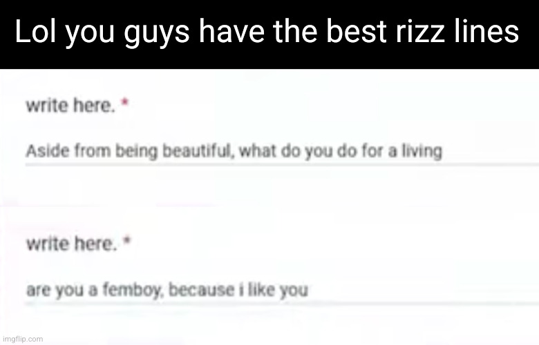 who tf put the top one | Lol you guys have the best rizz lines | image tagged in femboy,wtf,rizz | made w/ Imgflip meme maker