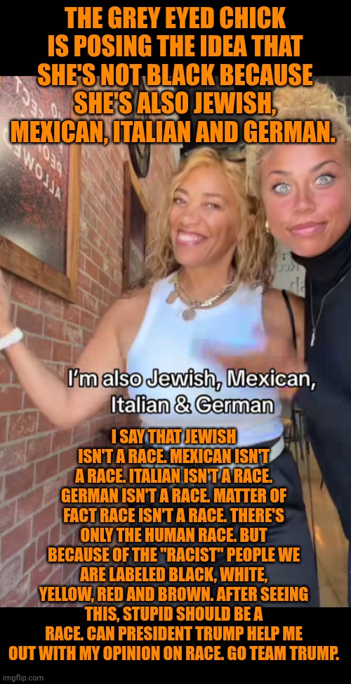 Funny | THE GREY EYED CHICK IS POSING THE IDEA THAT SHE'S NOT BLACK BECAUSE SHE'S ALSO JEWISH, MEXICAN, ITALIAN AND GERMAN. I SAY THAT JEWISH ISN'T A RACE. MEXICAN ISN'T A RACE. ITALIAN ISN'T A RACE. GERMAN ISN'T A RACE. MATTER OF FACT RACE ISN'T A RACE. THERE'S ONLY THE HUMAN RACE. BUT BECAUSE OF THE "RACIST" PEOPLE WE ARE LABELED BLACK, WHITE, YELLOW, RED AND BROWN. AFTER SEEING THIS, STUPID SHOULD BE A RACE. CAN PRESIDENT TRUMP HELP ME OUT WITH MY OPINION ON RACE. GO TEAM TRUMP. | image tagged in funny,human race,human stupidity,racist,president trump,science | made w/ Imgflip meme maker