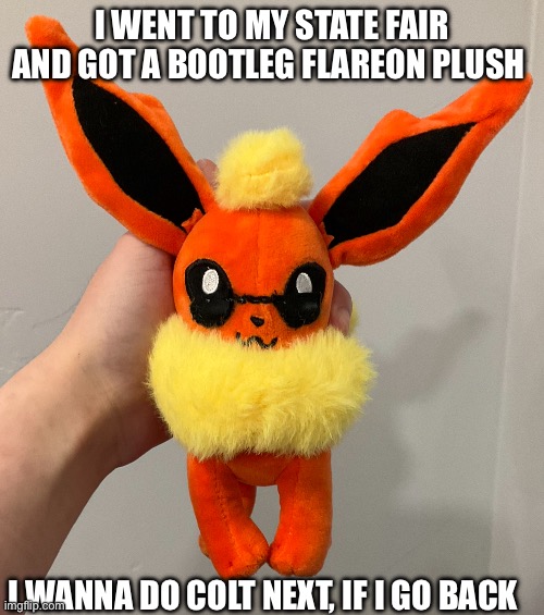 Yaaay top teir sewing job (not) | I WENT TO MY STATE FAIR AND GOT A BOOTLEG FLAREON PLUSH; I WANNA DO COLT NEXT, IF I GO BACK | image tagged in idk,oc | made w/ Imgflip meme maker