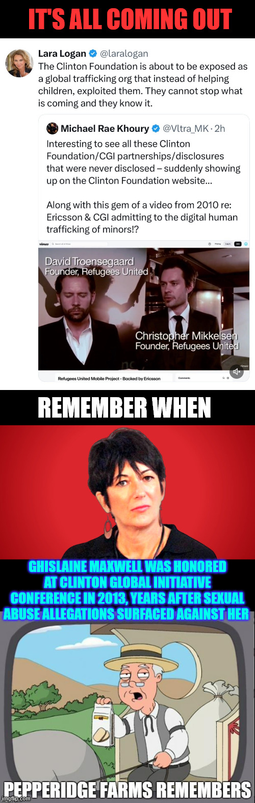 It's all coming out | IT'S ALL COMING OUT; REMEMBER WHEN; GHISLAINE MAXWELL WAS HONORED AT CLINTON GLOBAL INITIATIVE CONFERENCE IN 2013, YEARS AFTER SEXUAL ABUSE ALLEGATIONS SURFACED AGAINST HER | image tagged in pepperidge farms remembers,ghislain maxwell,clinton foundation | made w/ Imgflip meme maker