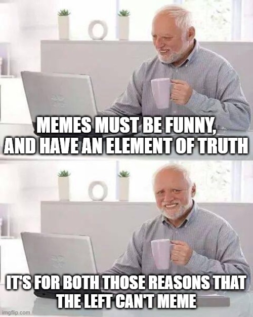 Why the left can't meme | MEMES MUST BE FUNNY,
AND HAVE AN ELEMENT OF TRUTH; IT'S FOR BOTH THOSE REASONS THAT
THE LEFT CAN'T MEME | image tagged in memes,hide the pain harold | made w/ Imgflip meme maker