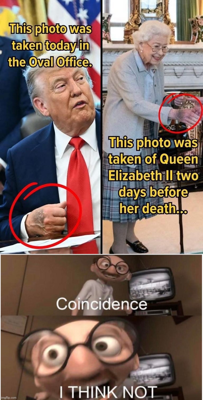 image tagged in coincidence i think not,donald trump,hand,queen,queen elizabeth | made w/ Imgflip meme maker