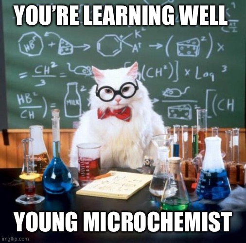Chemistry Cat | YOU’RE LEARNING WELL; YOUNG MICRO CHEMIST | image tagged in memes,chemistry cat | made w/ Imgflip meme maker