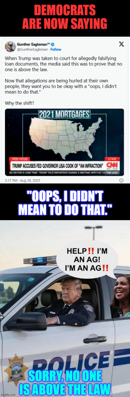 "Oops, I didn't mean to do that." | DEMOCRATS ARE NOW SAYING; "OOPS, I DIDN'T MEAN TO DO THAT."; SORRY, NO ONE IS ABOVE THE LAW | image tagged in democrats,changing their tune,we didn't mean to do that,morgage fraud | made w/ Imgflip meme maker