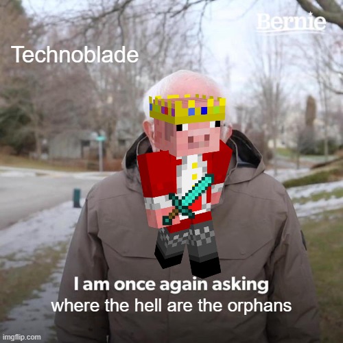 Bernie I Am Once Again Asking For Your Support Meme | Technoblade; where the hell are the orphans | image tagged in minecraft memes | made w/ Imgflip meme maker