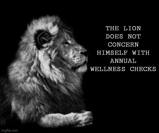 the lion.. | THE LION DOES NOT CONCERN HIMSELF WITH ANNUAL WELLNESS CHECKS | image tagged in the lion | made w/ Imgflip meme maker
