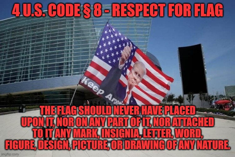 Burn this flag | 4 U.S. CODE § 8 - RESPECT FOR FLAG; THE FLAG SHOULD NEVER HAVE PLACED UPON IT, NOR ON ANY PART OF IT, NOR ATTACHED TO IT ANY MARK, INSIGNIA, LETTER, WORD, FIGURE, DESIGN, PICTURE, OR DRAWING OF ANY NATURE. | image tagged in trump,gop,maga,nazi,fascist,illegal | made w/ Imgflip meme maker