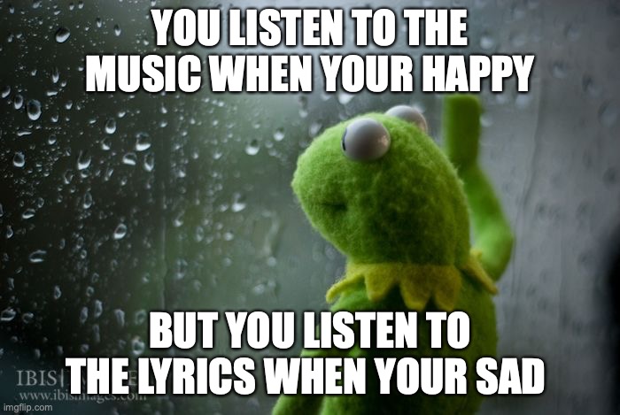 makes you think | YOU LISTEN TO THE MUSIC WHEN YOUR HAPPY; BUT YOU LISTEN TO THE LYRICS WHEN YOUR SAD | image tagged in kermit window | made w/ Imgflip meme maker