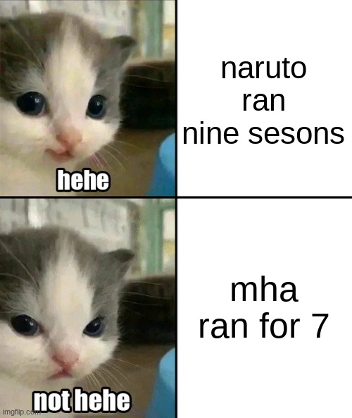 Cute cat hehe and not hehe | naruto ran nine sesons; mha ran for 7 | image tagged in cute cat hehe and not hehe | made w/ Imgflip meme maker