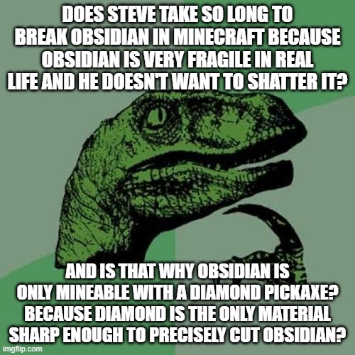 random minecraft shower thought | DOES STEVE TAKE SO LONG TO BREAK OBSIDIAN IN MINECRAFT BECAUSE OBSIDIAN IS VERY FRAGILE IN REAL LIFE AND HE DOESN'T WANT TO SHATTER IT? AND IS THAT WHY OBSIDIAN IS ONLY MINEABLE WITH A DIAMOND PICKAXE? BECAUSE DIAMOND IS THE ONLY MATERIAL SHARP ENOUGH TO PRECISELY CUT OBSIDIAN? | image tagged in memes,philosoraptor,minecraft,minecraft memes,shower thoughts,diamond | made w/ Imgflip meme maker