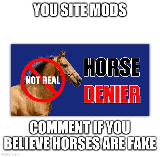 Come here, Site Mods | YOU SITE MODS; COMMENT IF YOU BELIEVE HORSES ARE FAKE | made w/ Imgflip meme maker