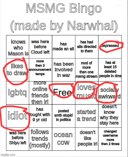 msmg bingo | image tagged in msmg bingo | made w/ Imgflip meme maker