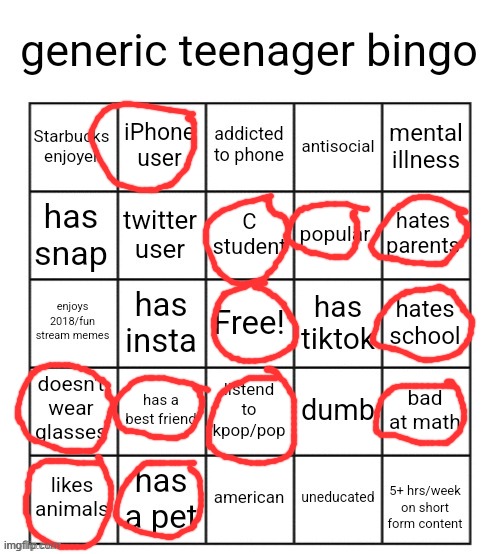 generic teenager bingo | image tagged in generic teenager bingo | made w/ Imgflip meme maker
