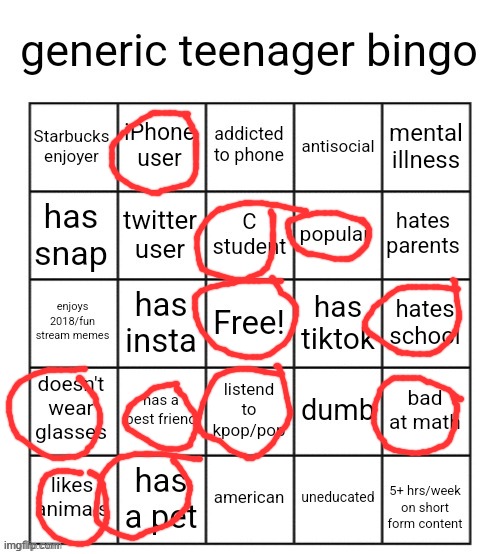 generic teenager bingo | image tagged in generic teenager bingo | made w/ Imgflip meme maker