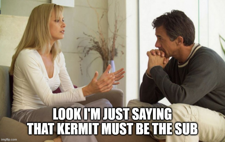 couple talking | LOOK I'M JUST SAYING THAT KERMIT MUST BE THE SUB | image tagged in couple talking | made w/ Imgflip meme maker