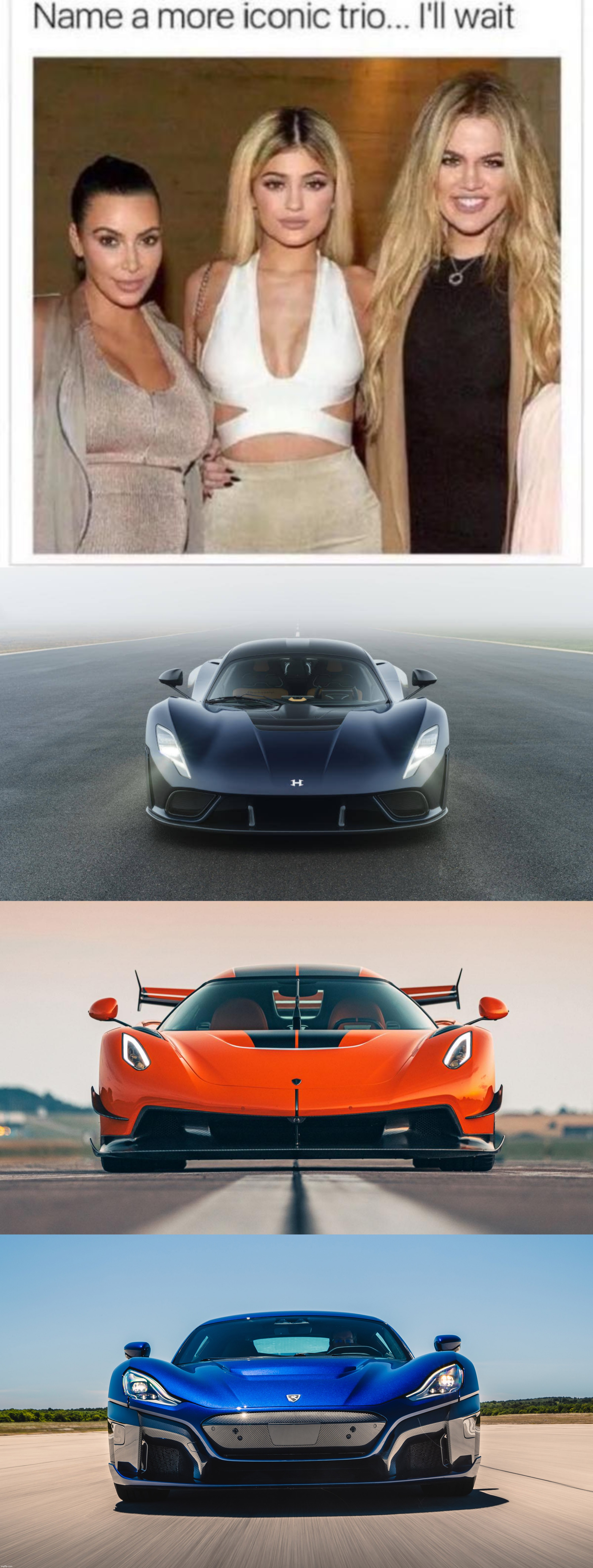 Name Iconic Trio Meme Hennessey, Koenigsegg, Rimac | image tagged in name a more iconic trio,cars,hennessey venom f5,koenigsegg jesko attack,rimac nevera | made w/ Imgflip meme maker