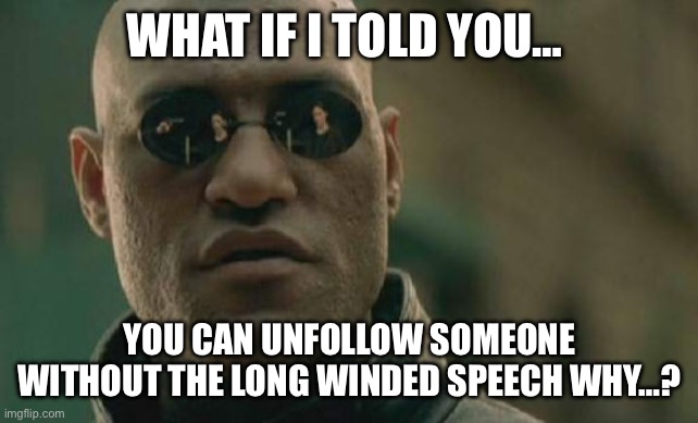 Matrix Morpheus Meme | WHAT IF I TOLD YOU…; YOU CAN UNFOLLOW SOMEONE WITHOUT THE LONG WINDED SPEECH WHY…? | image tagged in memes,matrix morpheus | made w/ Imgflip meme maker