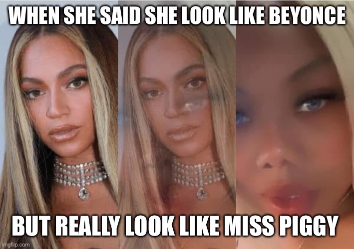 She said she look like Beyoncé | WHEN SHE SAID SHE LOOK LIKE BEYONCE; BUT REALLY LOOK LIKE MISS PIGGY | image tagged in she said she look like beyonc | made w/ Imgflip meme maker