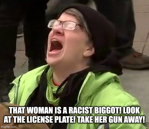 Crying liberal | THAT WOMAN IS A RACIST BIGGOT! LOOK AT THE LICENSE PLATE! TAKE HER GUN AWAY! | image tagged in crying liberal | made w/ Imgflip meme maker