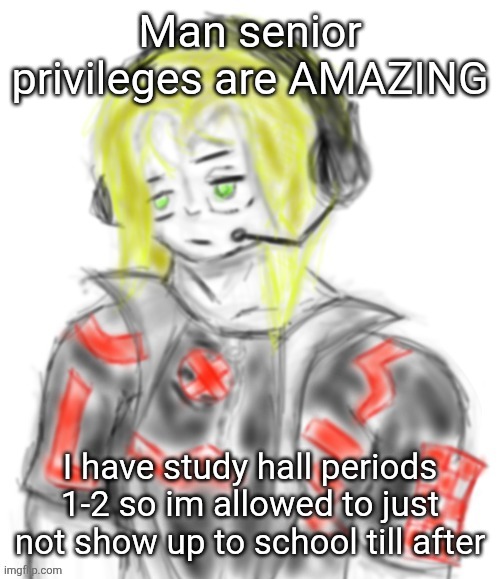 Kael (tysm c0p) | Man senior privileges are AMAZING; I have study hall periods 1-2 so im allowed to just not show up to school till after | image tagged in kael tysm c0p | made w/ Imgflip meme maker