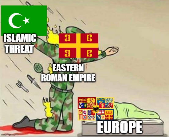 Gone to soon ? | ISLAMIC THREAT; EASTERN ROMAN EMPIRE; EUROPE | image tagged in soldier protecting sleeping child | made w/ Imgflip meme maker