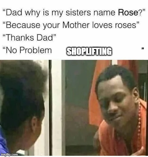 no problem bruh | SHOPLIFTING | image tagged in why is my sister's name rose,visiting dad in jail,funny,dank memes | made w/ Imgflip meme maker