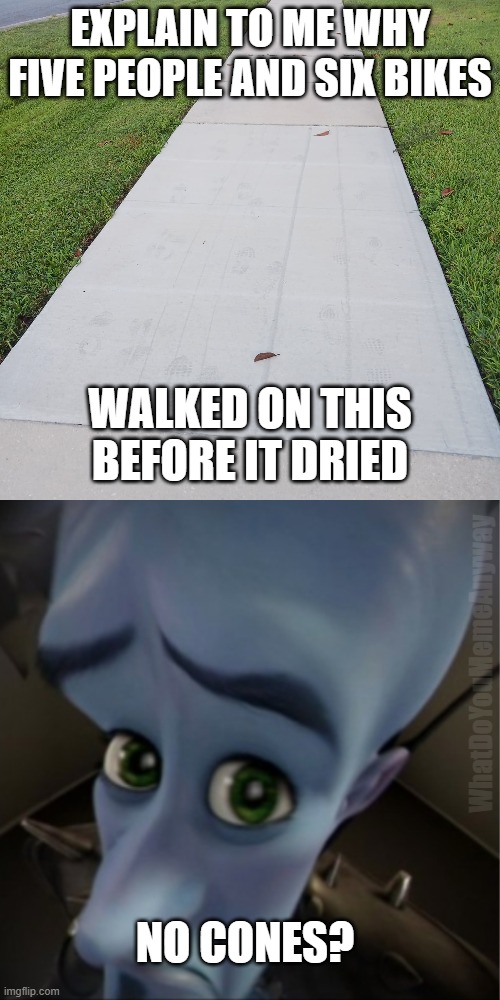 Went on a walk today and this is what I find | EXPLAIN TO ME WHY FIVE PEOPLE AND SIX BIKES; WALKED ON THIS BEFORE IT DRIED; WhatDoYouMemeAnyway; NO CONES? | image tagged in megamind peeking | made w/ Imgflip meme maker