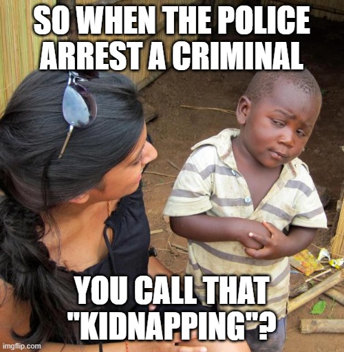 3rd World Sceptical Child | SO WHEN THE POLICE ARREST A CRIMINAL YOU CALL THAT "KIDNAPPING"? | image tagged in 3rd world sceptical child | made w/ Imgflip meme maker