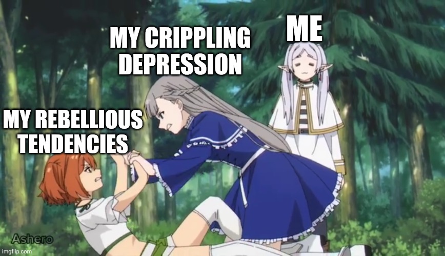 This must be how women feel | MY CRIPPLING DEPRESSION; ME; MY REBELLIOUS TENDENCIES | image tagged in fighting while standing | made w/ Imgflip meme maker
