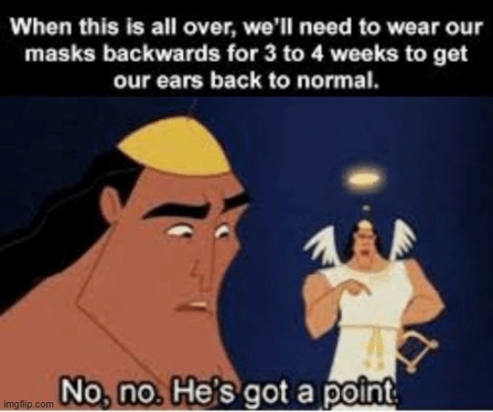 Wear masks backward | image tagged in no no he's got a point,funny,msmg,covid-19 | made w/ Imgflip meme maker