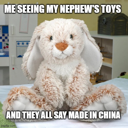 Made in China | ME SEEING MY NEPHEW'S TOYS; AND THEY ALL SAY MADE IN CHINA | image tagged in made in china,internet uncle,bunny | made w/ Imgflip meme maker
