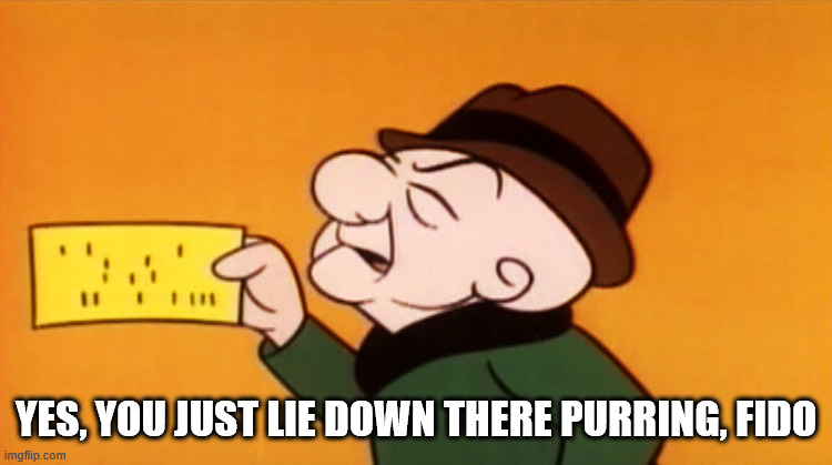 Magoo | YES, YOU JUST LIE DOWN THERE PURRING, FIDO | image tagged in magoo | made w/ Imgflip meme maker