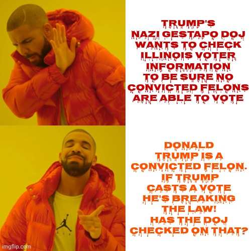 TRUMP IS A CONVICTED FELON | Donald Trump is a convicted felon.  If Trump casts a vote he's breaking the law!
Has the DOJ checked on that? Trump's Nazi gestapo DOJ wants to check Illinois voter information to be sure no CONVICTED FELONS are able to vote | image tagged in memes,drake hotline bling,trump is a convicted felon,lock hi,felons can't vote,maga nazis | made w/ Imgflip meme maker