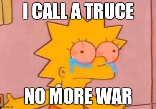 crying Lisa simpson | I CALL A TRUCE; NO MORE WAR | image tagged in crying lisa simpson | made w/ Imgflip meme maker
