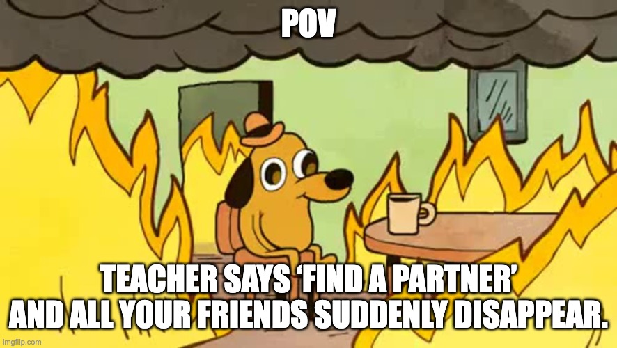 everythings-fine | POV; TEACHER SAYS ‘FIND A PARTNER’ AND ALL YOUR FRIENDS SUDDENLY DISAPPEAR. | image tagged in everythings-fine | made w/ Imgflip meme maker