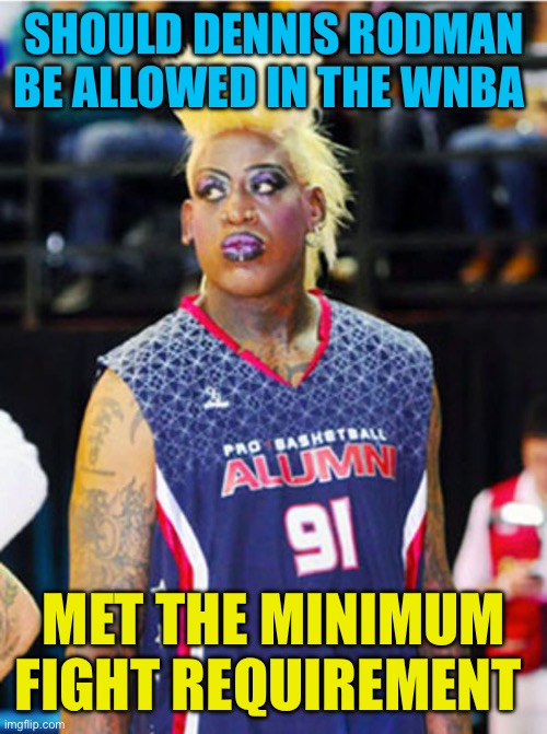 Exaggerating absurdity | SHOULD DENNIS RODMAN BE ALLOWED IN THE WNBA; MET THE MINIMUM FIGHT REQUIREMENT | image tagged in gifs,sports,woman,feminism,hypocrisy | made w/ Imgflip meme maker