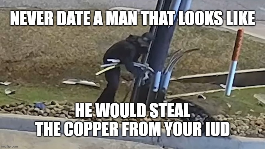 Never Date | NEVER DATE A MAN THAT LOOKS LIKE; HE WOULD STEAL THE COPPER FROM YOUR IUD | image tagged in never date | made w/ Imgflip meme maker