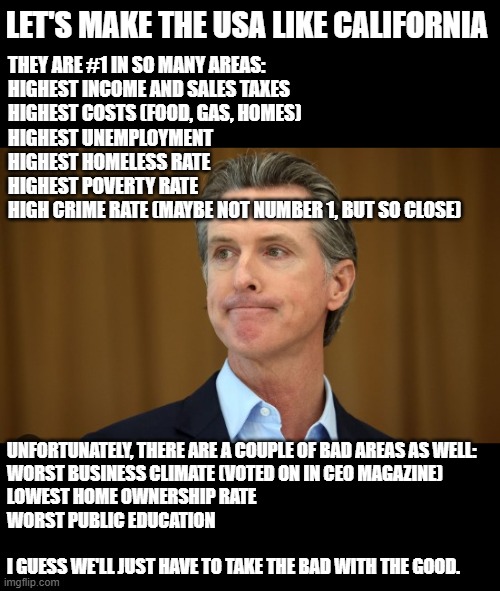 Newscum is the worst. It's funny how un-self-aware he is. | LET'S MAKE THE USA LIKE CALIFORNIA; THEY ARE #1 IN SO MANY AREAS:
HIGHEST INCOME AND SALES TAXES
HIGHEST COSTS (FOOD, GAS, HOMES)
HIGHEST UNEMPLOYMENT
HIGHEST HOMELESS RATE
HIGHEST POVERTY RATE
HIGH CRIME RATE (MAYBE NOT NUMBER 1, BUT SO CLOSE); UNFORTUNATELY, THERE ARE A COUPLE OF BAD AREAS AS WELL:
WORST BUSINESS CLIMATE (VOTED ON IN CEO MAGAZINE)
LOWEST HOME OWNERSHIP RATE
WORST PUBLIC EDUCATION
 
I GUESS WE'LL JUST HAVE TO TAKE THE BAD WITH THE GOOD. | image tagged in newscum,libtards,we are number one,usa,memes | made w/ Imgflip meme maker