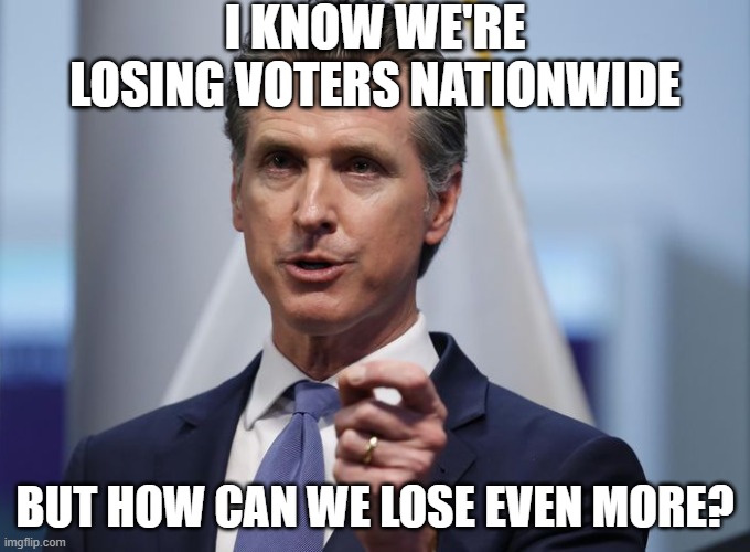 Gavin Newsom Shelter in Place Order | I KNOW WE'RE LOSING VOTERS NATIONWIDE; BUT HOW CAN WE LOSE EVEN MORE? | image tagged in gavin newsom shelter in place order | made w/ Imgflip meme maker