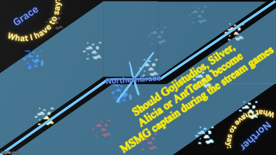 2nd place becomes substitute captain | Should Gojistudios, Silver, Alicia or AntTenna become MSMG captain during the stream games | image tagged in northerngrace temp v2 | made w/ Imgflip meme maker