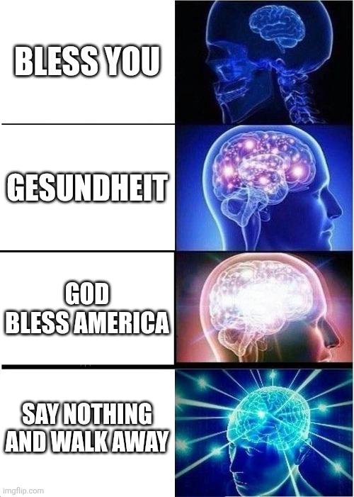 Idek | BLESS YOU; GESUNDHEIT; GOD BLESS AMERICA; SAY NOTHING AND WALK AWAY | image tagged in memes,expanding brain,sneeze | made w/ Imgflip meme maker