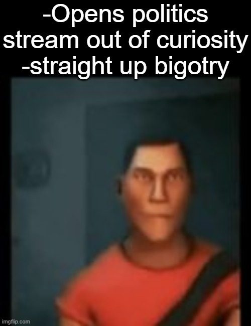 what are those fossils even on this site for? | -Opens politics stream out of curiosity
-straight up bigotry | image tagged in disappointed scout | made w/ Imgflip meme maker