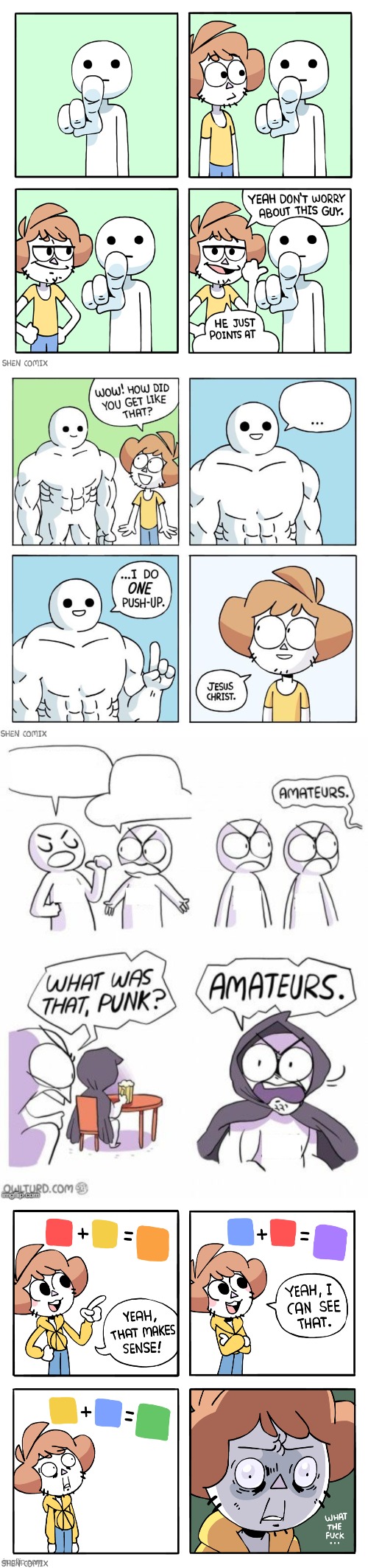 image tagged in he just points at,shen 1 push up,shenanigensen amateurs,shen comix colors | made w/ Imgflip meme maker