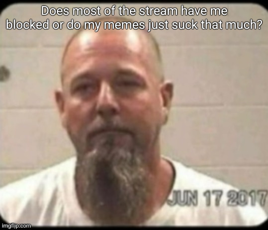Dad's mugshot | Does most of the stream have me blocked or do my memes just suck that much? | image tagged in dad's mugshot | made w/ Imgflip meme maker