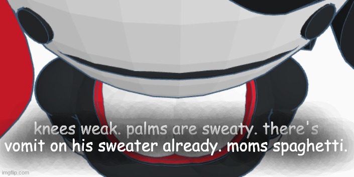 stupid | knees weak. palms are sweaty. there's vomit on his sweater already. moms spaghetti. | image tagged in stupid | made w/ Imgflip meme maker