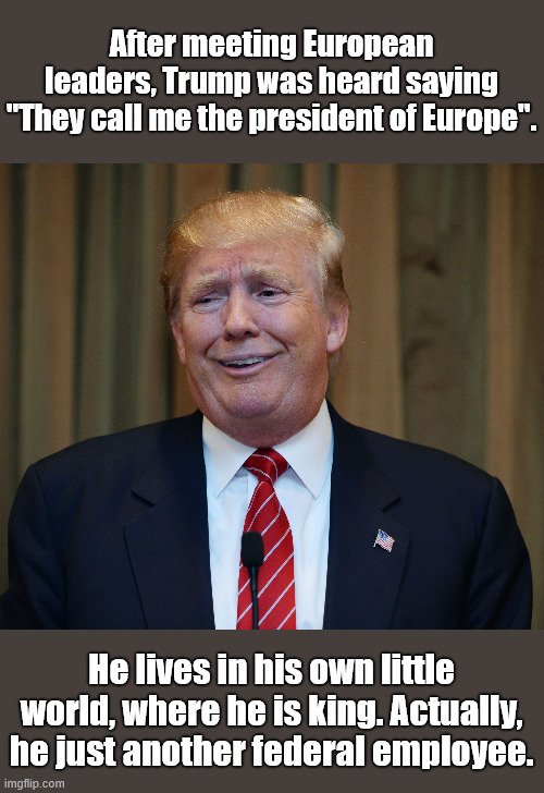 Trump Quote of the Day | After meeting European leaders, Trump was heard saying "They call me the president of Europe". He lives in his own little world, where he is king. Actually, he just another federal employee. | image tagged in quotes,untrue,delusional,dementia | made w/ Imgflip meme maker