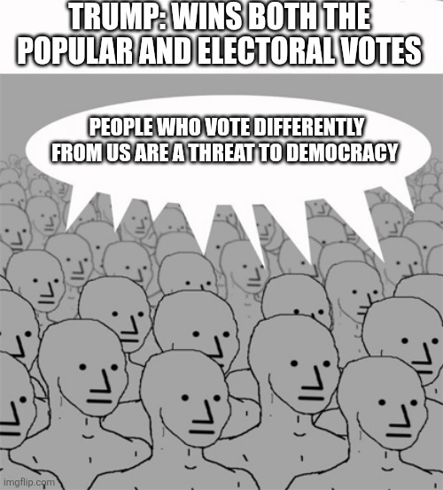 It's a Republic BTW | TRUMP: WINS BOTH THE POPULAR AND ELECTORAL VOTES; PEOPLE WHO VOTE DIFFERENTLY FROM US ARE A THREAT TO DEMOCRACY | image tagged in npcprogramscreed | made w/ Imgflip meme maker