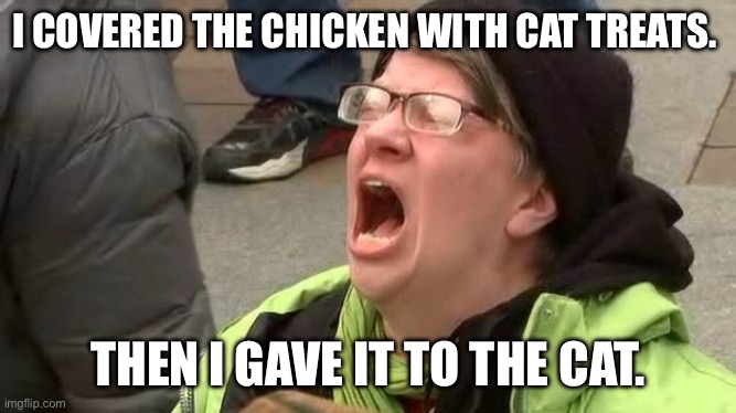 Screaming Trump Protester at Inauguration | I COVERED THE CHICKEN WITH CAT TREATS. THEN I GAVE IT TO THE CAT. | image tagged in screaming trump protester at inauguration | made w/ Imgflip meme maker