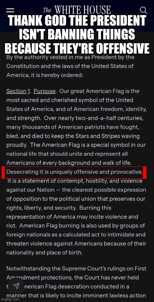 I love infringing on the first amendment! | THANK GOD THE PRESIDENT ISN'T BANNING THINGS BECAUSE THEY'RE OFFENSIVE | made w/ Imgflip meme maker